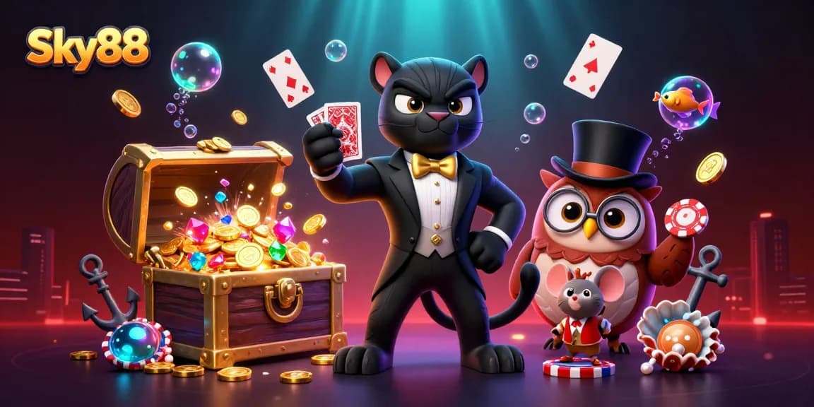 Sky88 showcases a stylish panther dealing cards in a vibrant underwater casino setting with rich details.