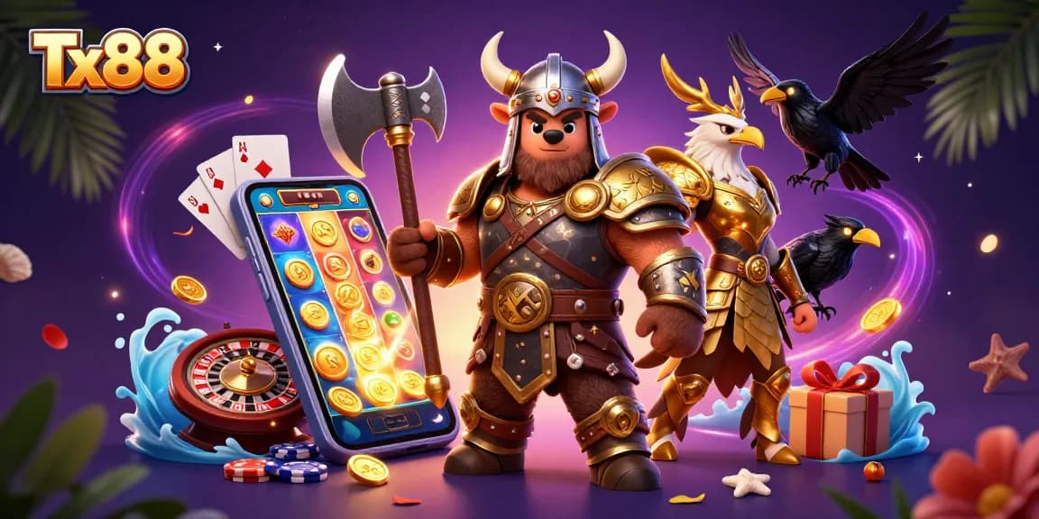 Experience Tx88's thrilling gameplay with a Viking bear and an eagle surrounded by casino elements.