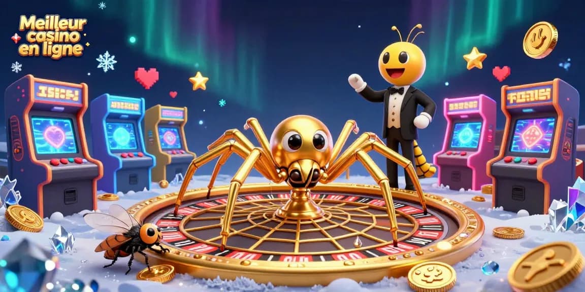 Experience the thrill of the Meilleur casino en ligne with vibrant characters like a golden spider and a fly at the roulette!
