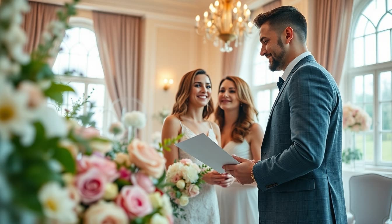 Engaged couple consults with their dc wedding planner amidst an elegant wedding setup.