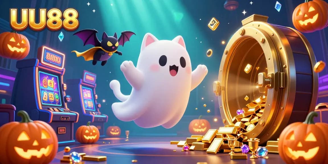 Experience the excitement at UU88 with a dazzling casino scene featuring a friendly ghost cat and gems.