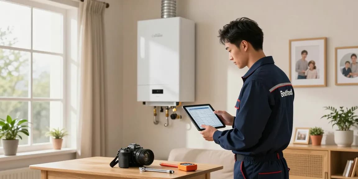 Expert boiler and heating specialist in Bedford inspecting modern heating system in cozy home.