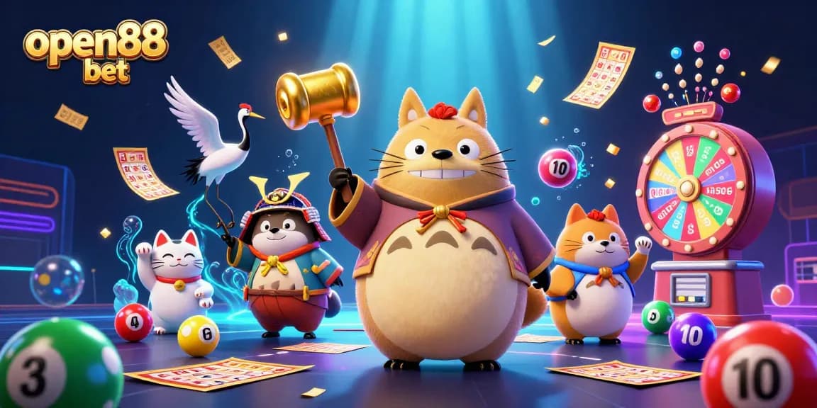 Experience open88 bet with a cheerful tanuki and fortune cats amidst vibrant lottery elements.