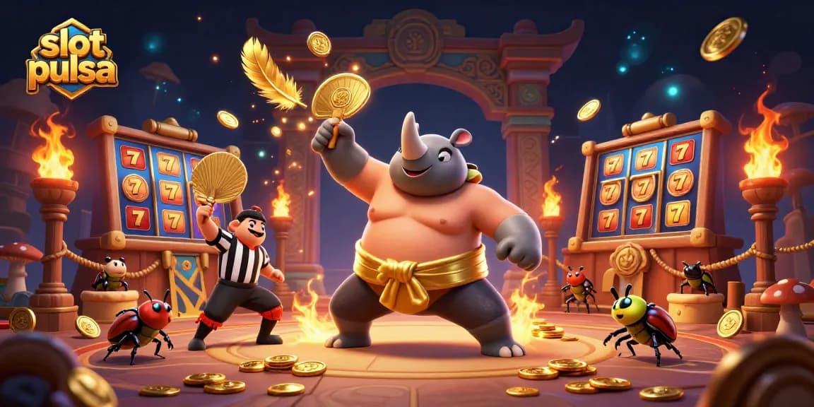 Experience slot pulsa excitement with a sumo beetle champion taking charge in a golden gaming arena.