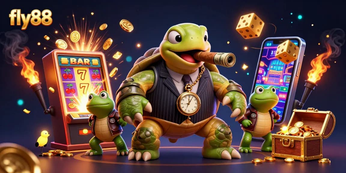 Experience thrilling gaming action with fly88, featuring a unique 3D casino scene with characters and vibrant elements.