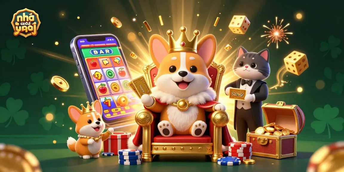 Experience the excitement at nhà cái uy tín with a vibrant 3D illustration of a royal corgi surrounded by gambling elements.