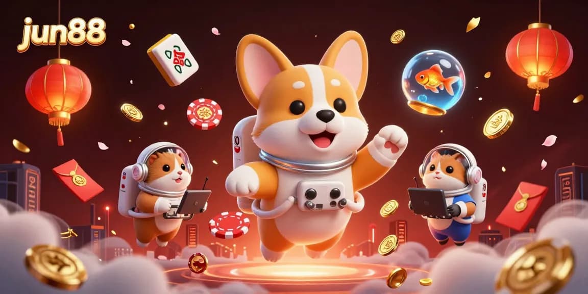 Experience the excitement of jun88 with a cosmic gaming scene featuring playful characters and floating treasures.