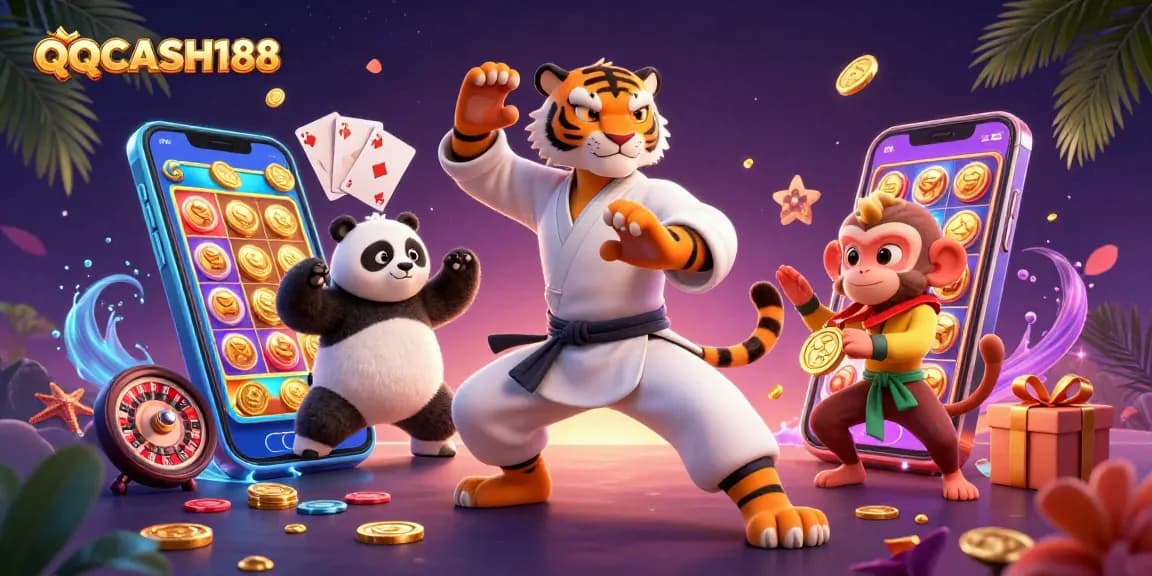 Experience thrilling gameplay at QQCASH188 with lively characters and dynamic casino elements.