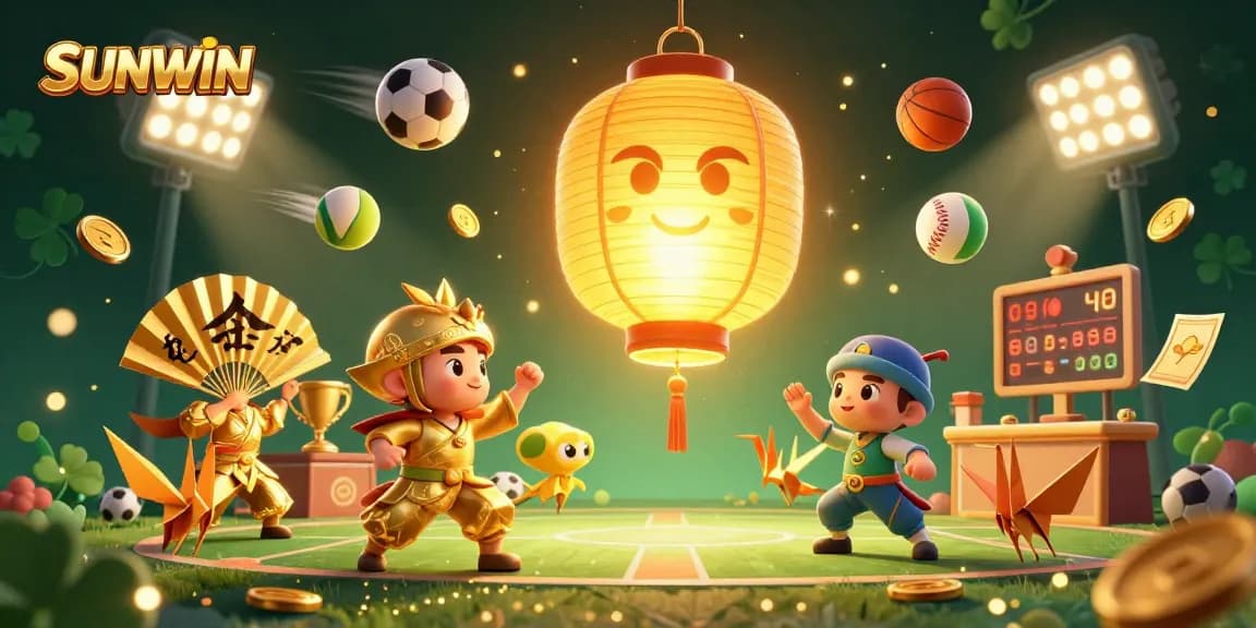 SUNWIN showcases vibrant sports betting action with dynamic elements and lucky charms in a colorful 3D illustration