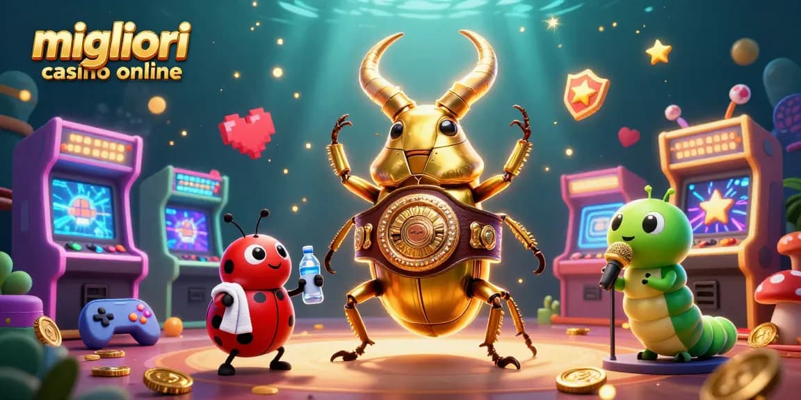Migliori casino online con un grosso scarabeo in cintura da campione circondato da elementi di gioco arcade.