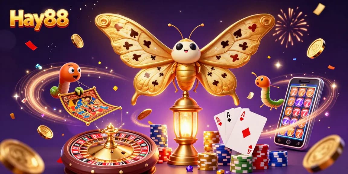 Engage with Hay88's vibrant casino world featuring a stunning atlas moth and dynamic casino elements.