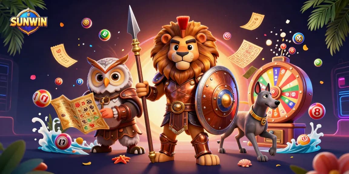 SUNWIN brings excitement to lottery gaming with a vibrant scene featuring a Spartan lion, owl strategist, and swift greyhound amidst colorful game elements.