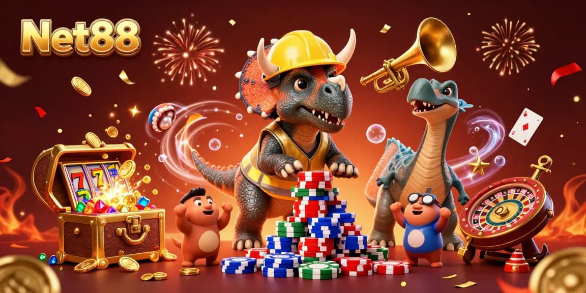 Net88 showcases a joyful triceratops building poker chip towers amidst dazzling casino elements.