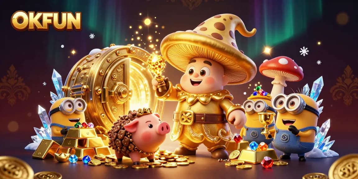 Experience winning moments at OKFUN with magical treasures and 3D characters in a casino setting.