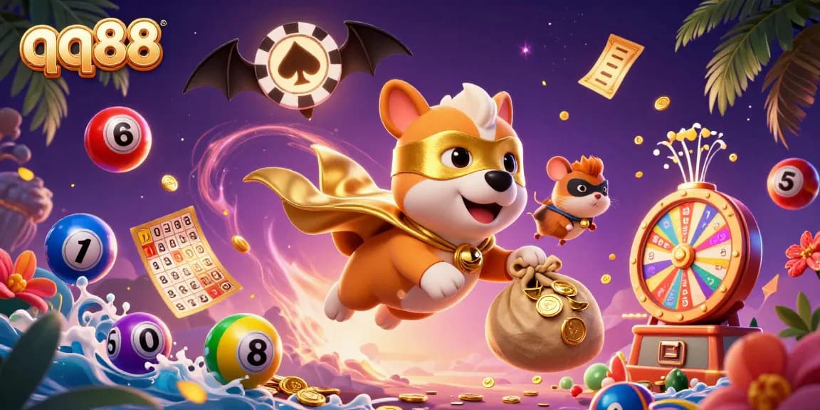 Win big with qq88 as a superhero dog and hamster team up for exciting gaming adventures!