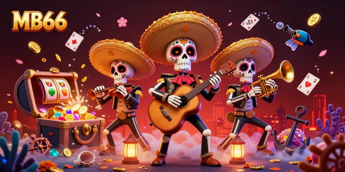 Play to win at MB66 casino with vibrant mariachi band and slot reels exploding with gems.