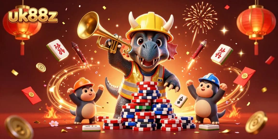 Celebrate with uk88z as a triceratops builds poker chip pyramid amidst festive casino graphics.