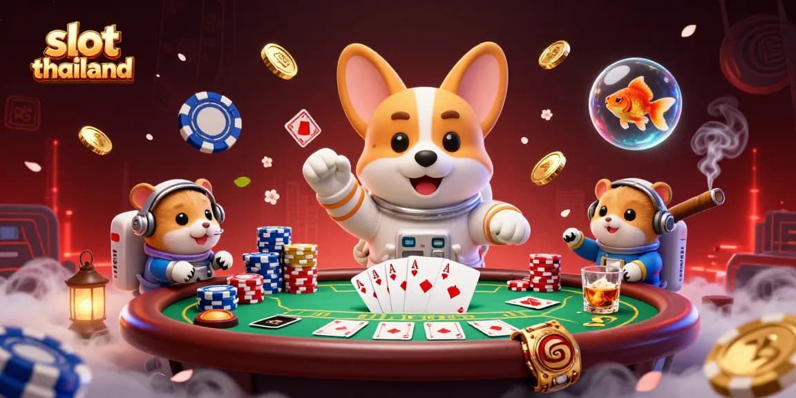 Experience thrilling gameplay in slot thailand with a vibrant space casino scene featuring a floating corgi and poker elements.