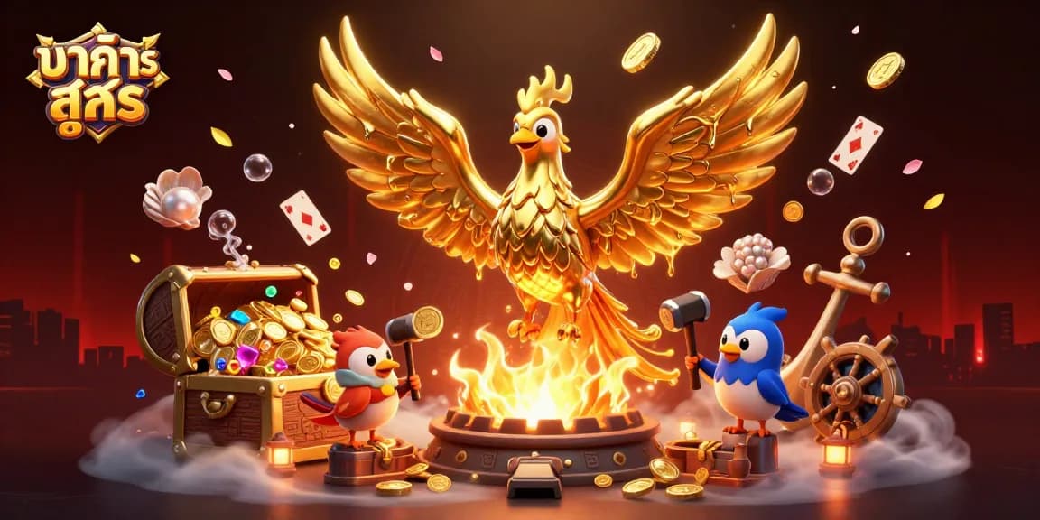 Experience the excitement with บา ค่า ร่า สูตร, featuring a golden phoenix amidst casino treasures in a vibrant 3D illustration.