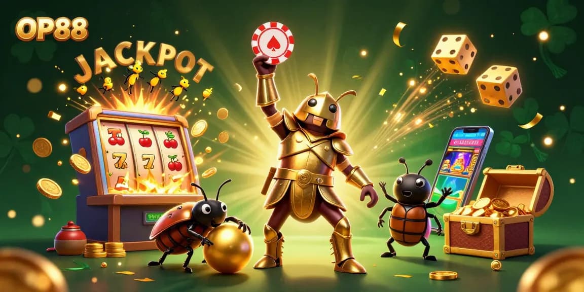 Join the excitement at OP88 with our vibrant jackpot scene featuring winning characters and casino games.
