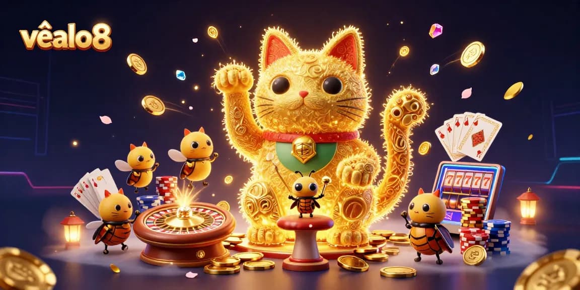Engage with the vibrant world of gambling as you explore về alo8, filled with golden fireflies and casino symbols.