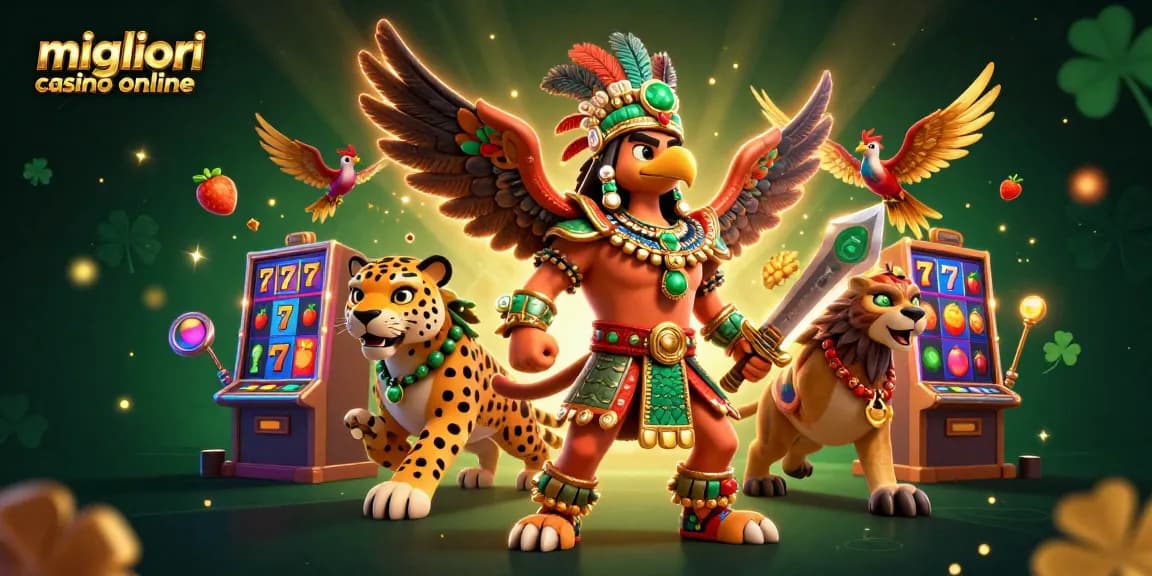 Scopri i migliori casino online con guerrieri aztechi in un'illustrazione vivace e dinamica