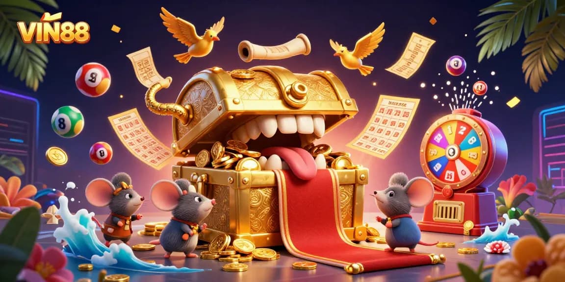 Win big with VIN88 in a vibrant lottery scene filled with excitement and colorful elements.