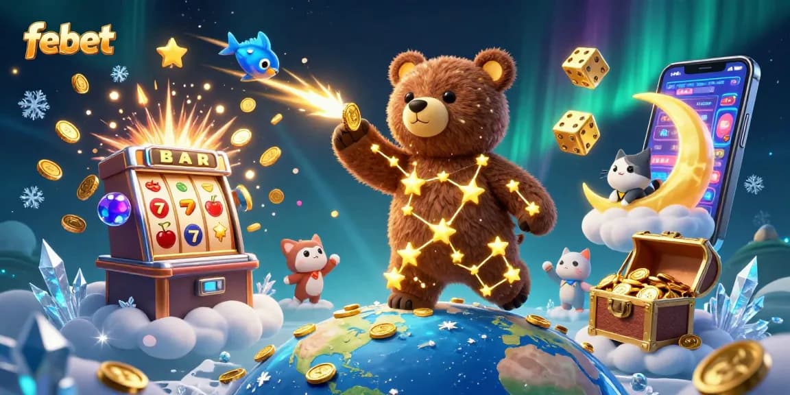Experience big wins at febet with vibrant 3D gaming illustrations of jackpots and fun casino elements.