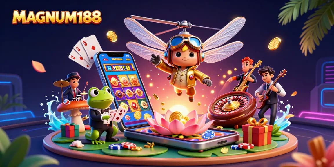 Experience the thrilling action of MAGNUM188 with vibrant casino elements, including a lively dragonfly pilot and frog dealer.