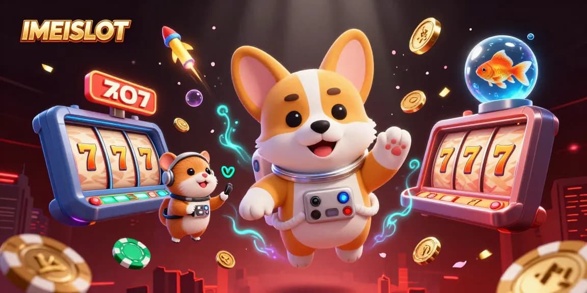 Experience exciting gambling at IMEISLOT with joyful 3D characters amidst vibrant casino elements.