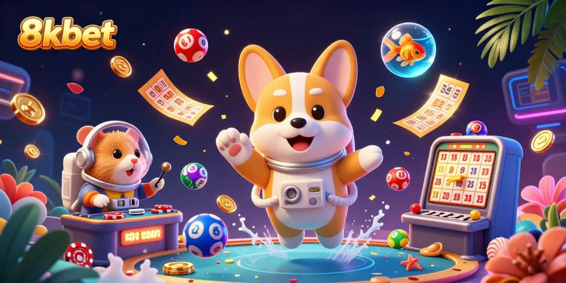 Experience thrilling gaming action with 8kbet's 3D floating casino characters and dynamic game elements.