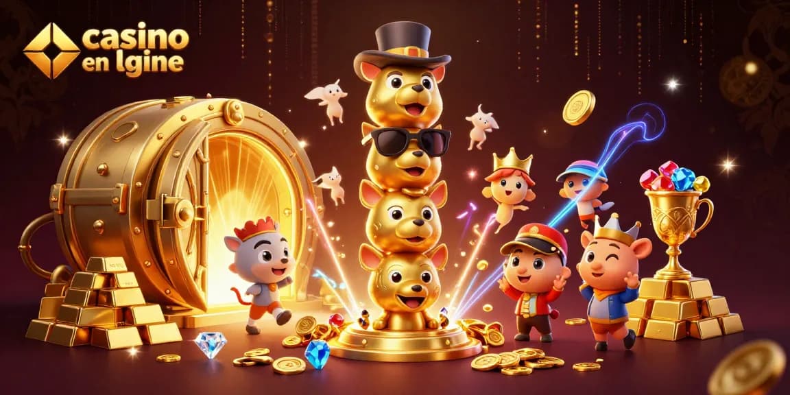 Un totem en or illustrant le casino en ligne, entouré de richesses et de lumière.