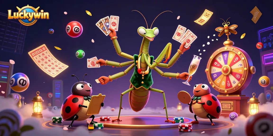 Experience the thrill of Luckywin in a vibrant casino scene with lively characters and dynamic elements.