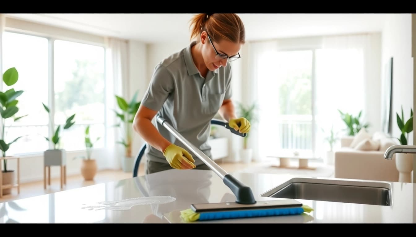 Bond cleaning Brisbane professional cleaning kitchen surfaces with high-quality equipment.