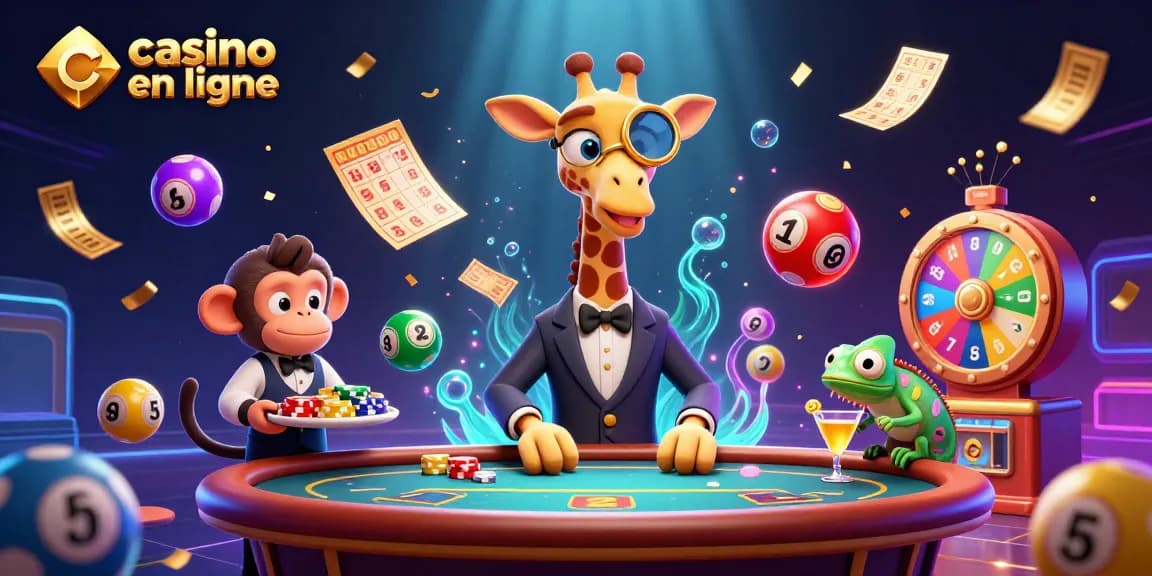 Illustration colorée représentant un casino en ligne avec une girafe aristocrate et un macaque porteur de jetons.