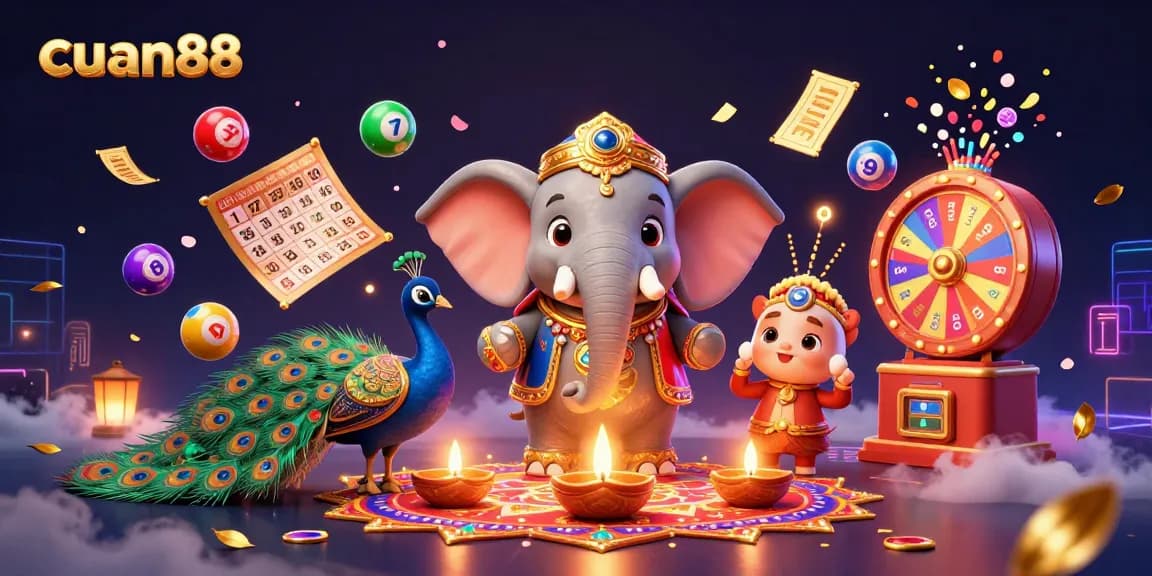 Mainkan cuan88 dengan ilustrasi detail 3D yang menggambarkan elemen permainan lotere dan bingo.