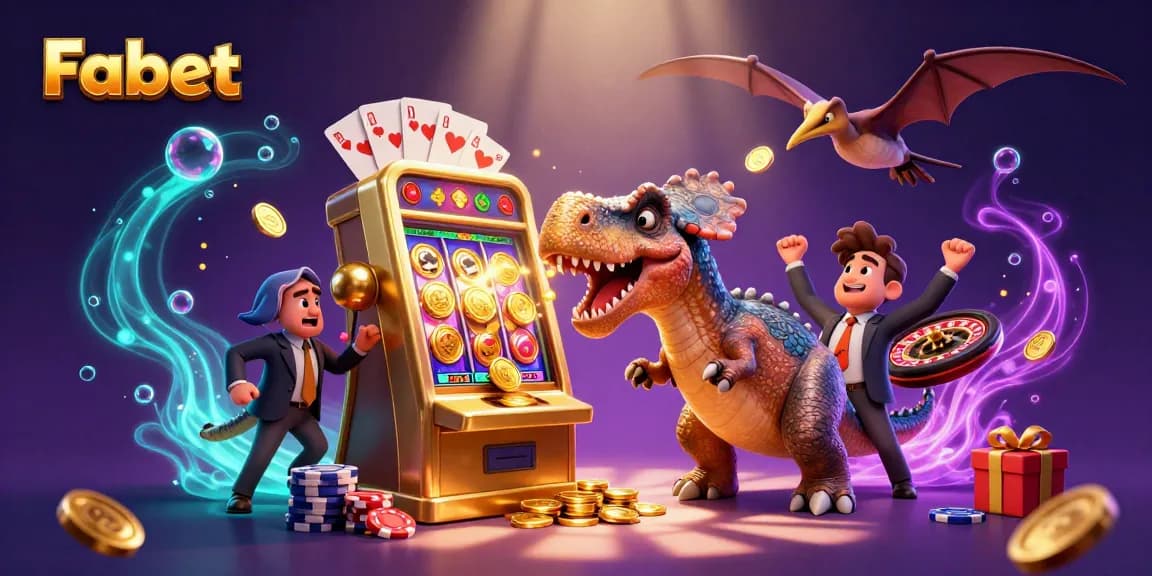 Fabet slots jackpot scene with a pachycephalosaurus winning coins in a casino