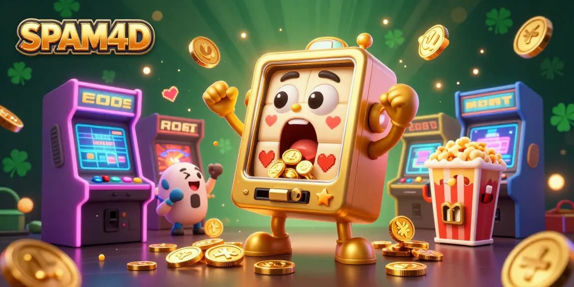 SPAM4D mesin slot menang jackpot dengan koin berterbangan, penuh semangat permainan kasino.