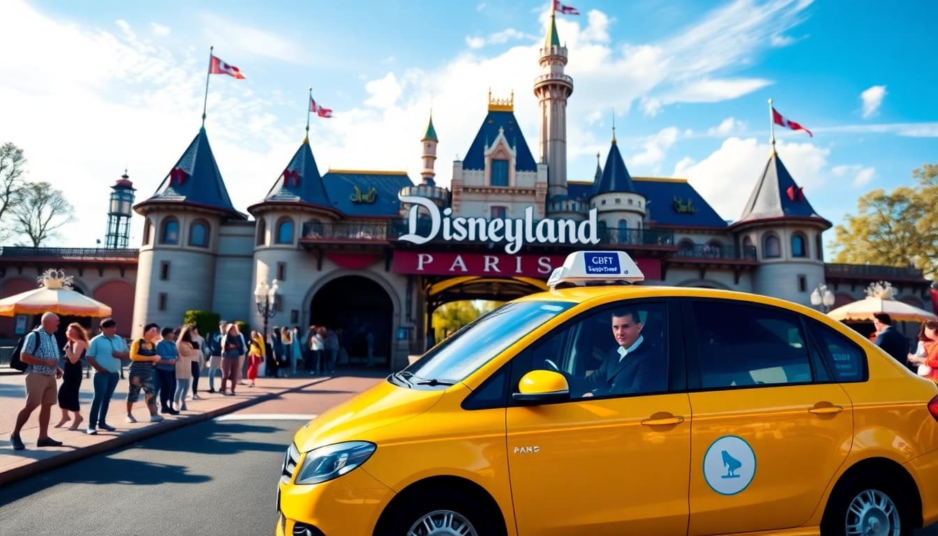 Enjoy a scenic ride in a taxi from charles de gaulle to Disneyland Paris, with iconic scenery.