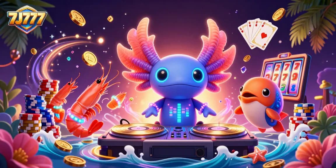 Experience the vibrant casino world of 7J777 with a dynamic axolotl DJ spinning golden records amidst cascading gems.