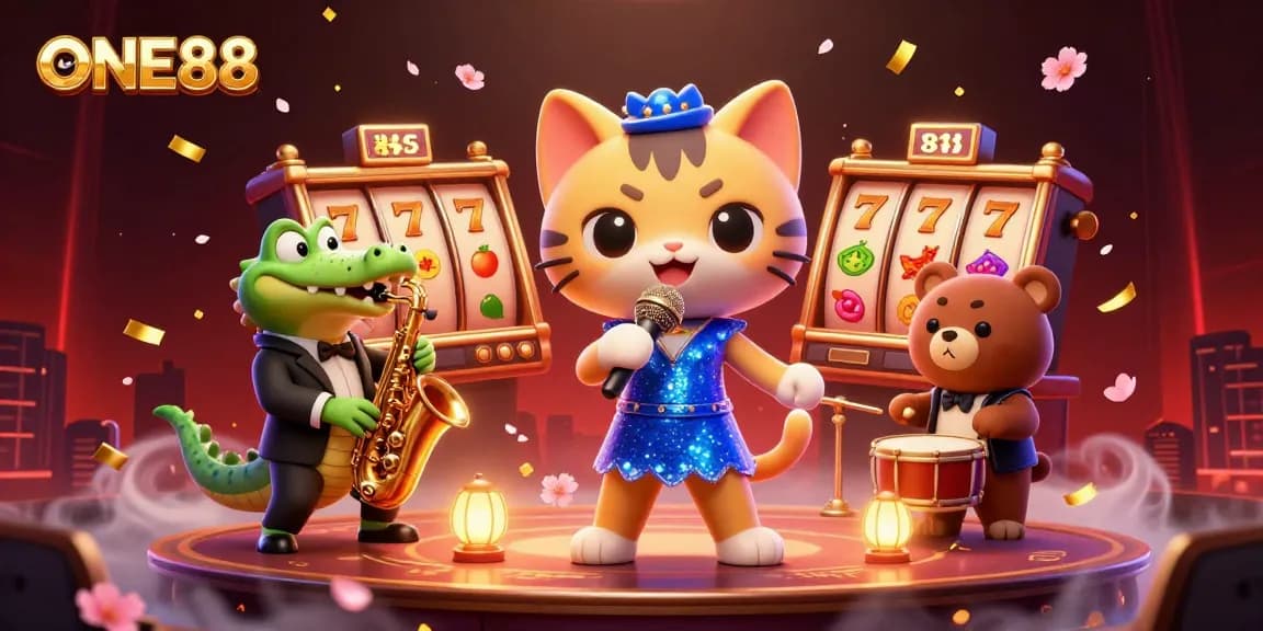 Experience the excitement of ONE88 with a vibrant casino scene featuring a cat singer and friends.