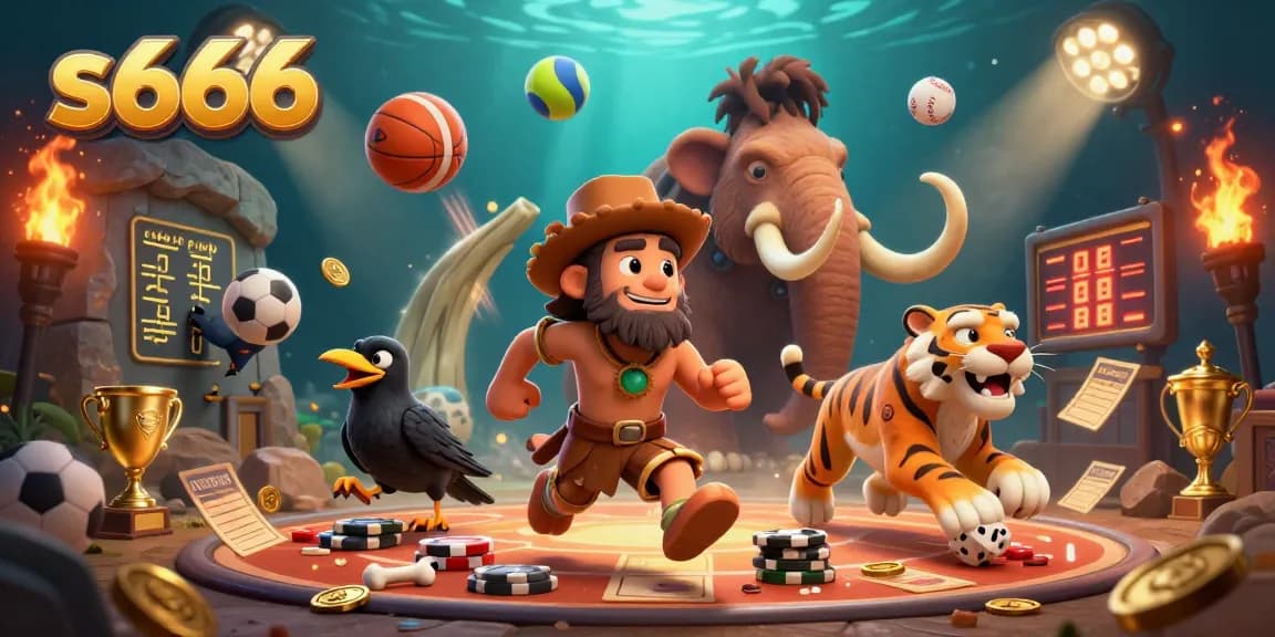 S666 unveils dynamic gaming thrills with cartoon caveman and sabertooth tiger in a vibrant casino scene.