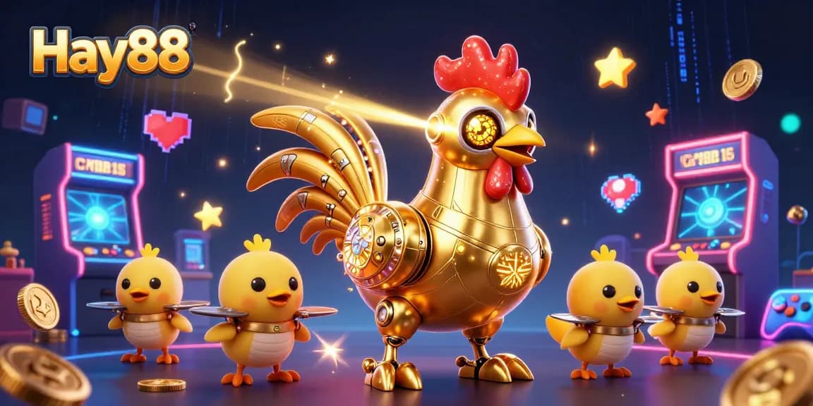 Engage with Hay88's vibrant casino world through a 3D golden rooster robot adventure!