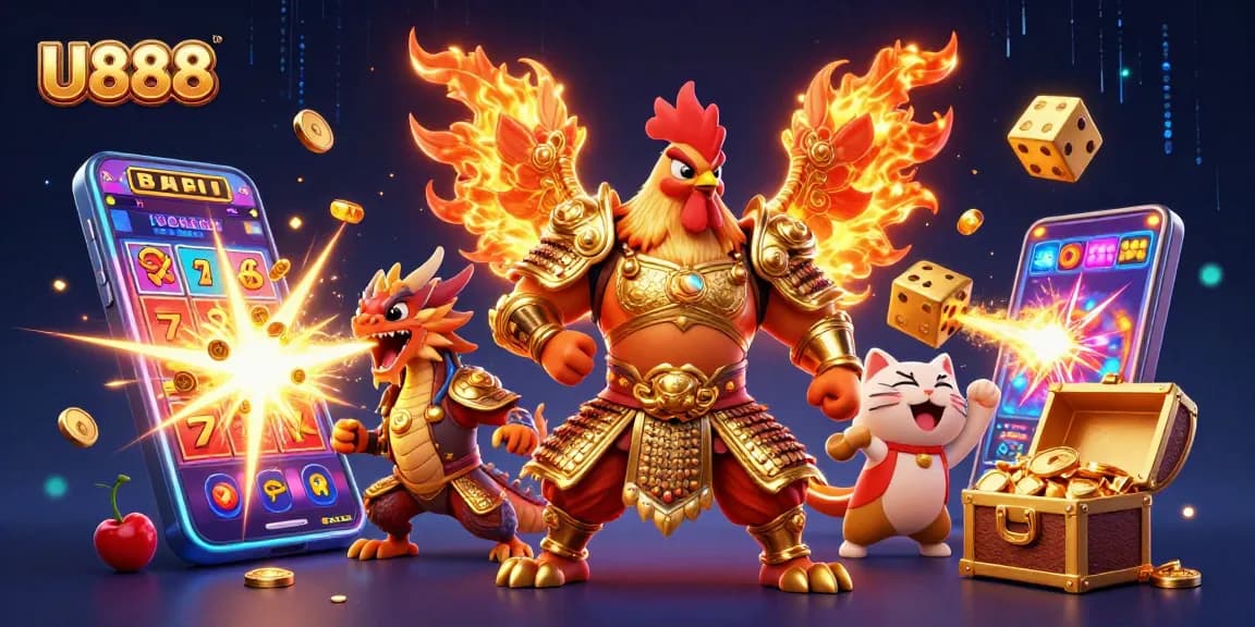 Experience the thrill of U888 with a dynamic scene of a warrior rooster and dragon hatchling amidst casino elements.