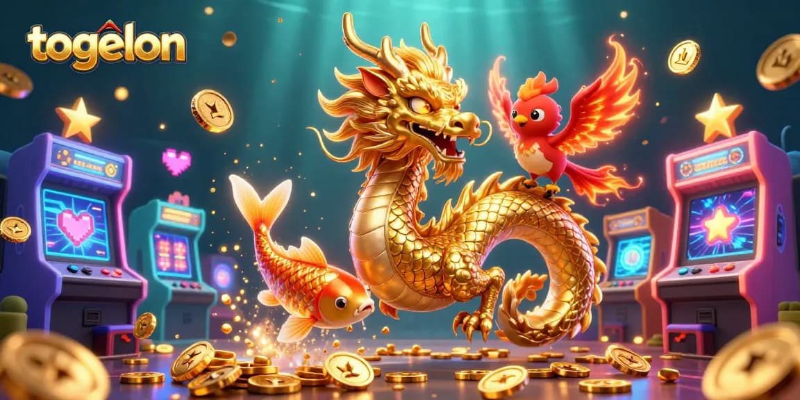 Immerse in the world of togelon with a majestic dragon, phoenix, and koi fish among colorful gaming elements.