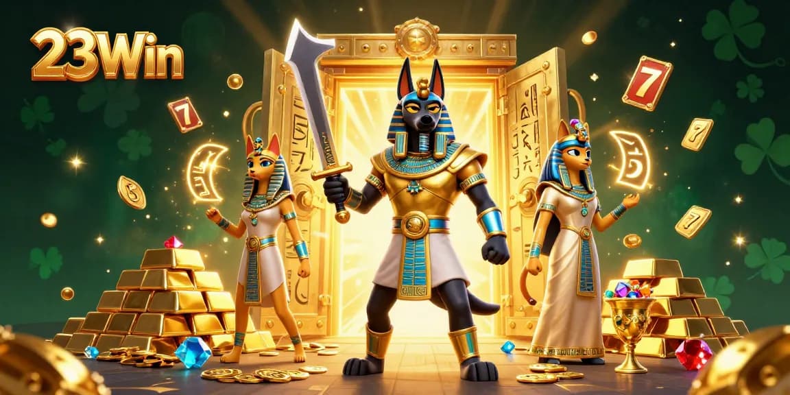 Celebrate wins at 23Win's casino with Anubis and Bastet, surrounded by treasures and slot reels.