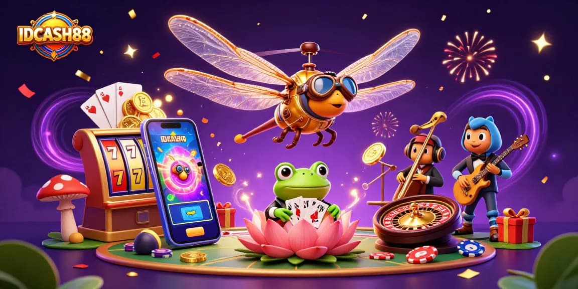 Engage in thrilling gameplay with IDCASH88 at a vibrant lily pad casino surrounded by dynamic characters.