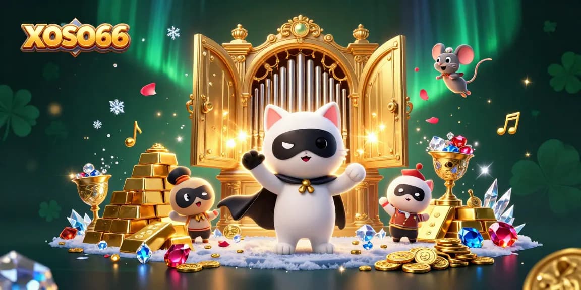XOSO66 offers a vibrant casino experience with a ghostly cat organist and treasure galore.