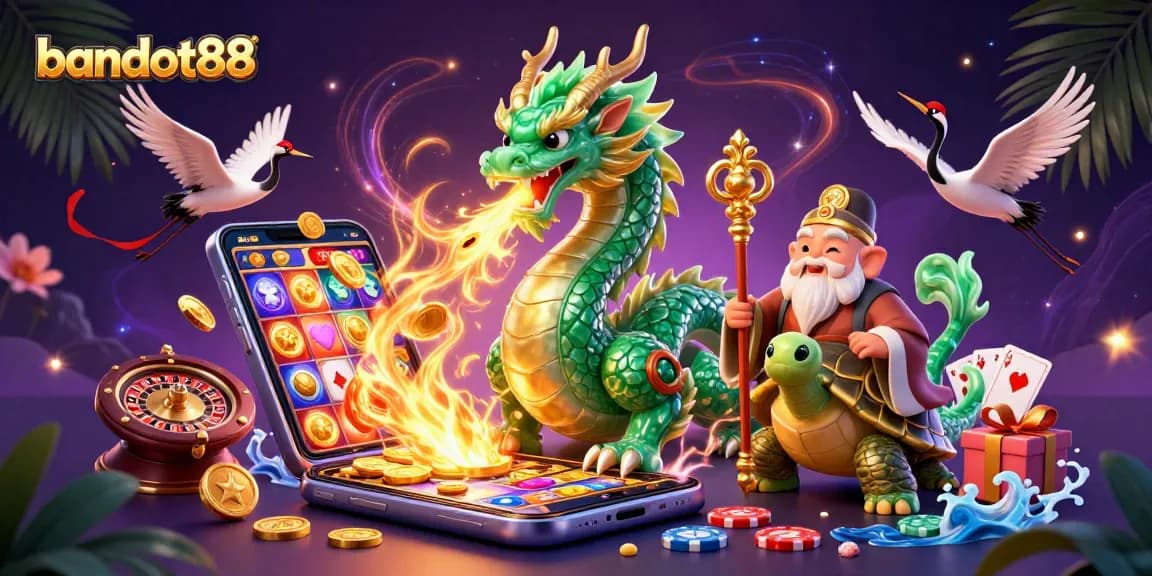 Experience the thrill of bandot88 with an emerald jade dragon and fortune elements in this vibrant casino scene.