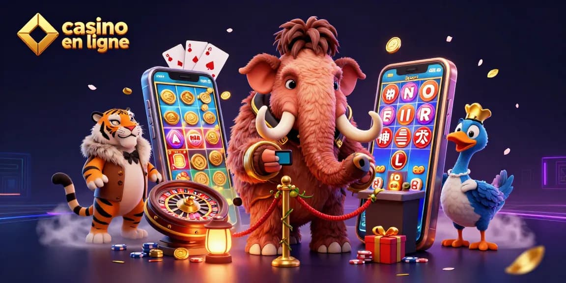 Vue d'illustration d'un casino en ligne avec un mammouth, un tigre et un dodu.